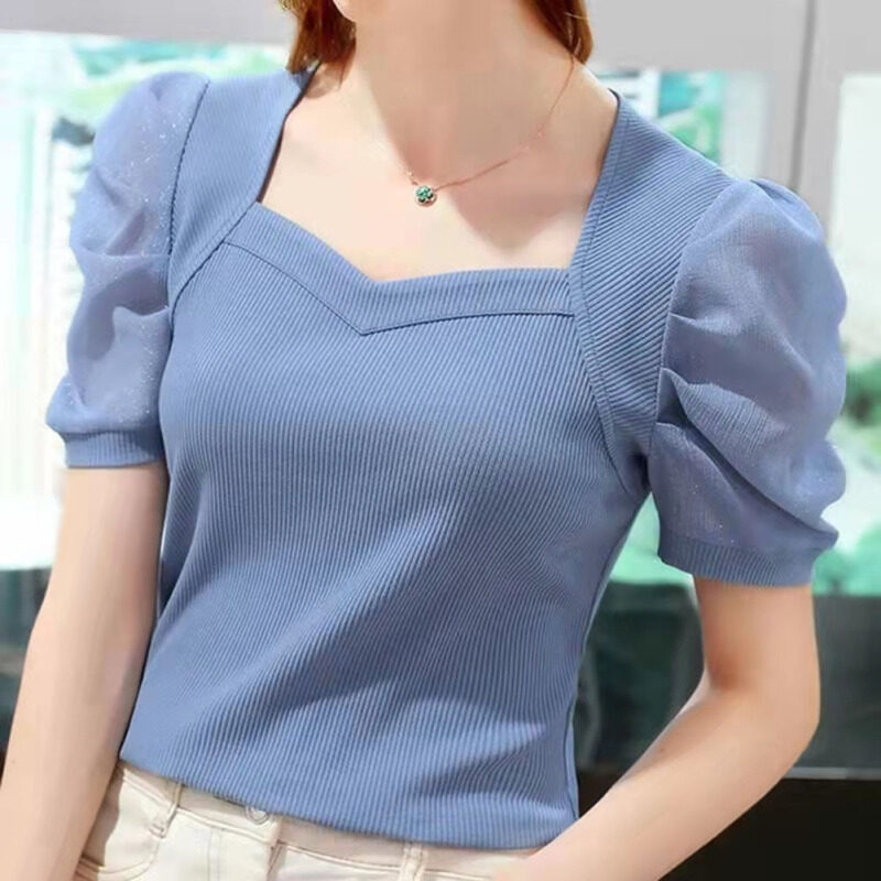 BS Women Blouse Ice Silk V Neck Plus Size Shirt Loose Fashion Casual Puff Short Sleeve Pullover Tops